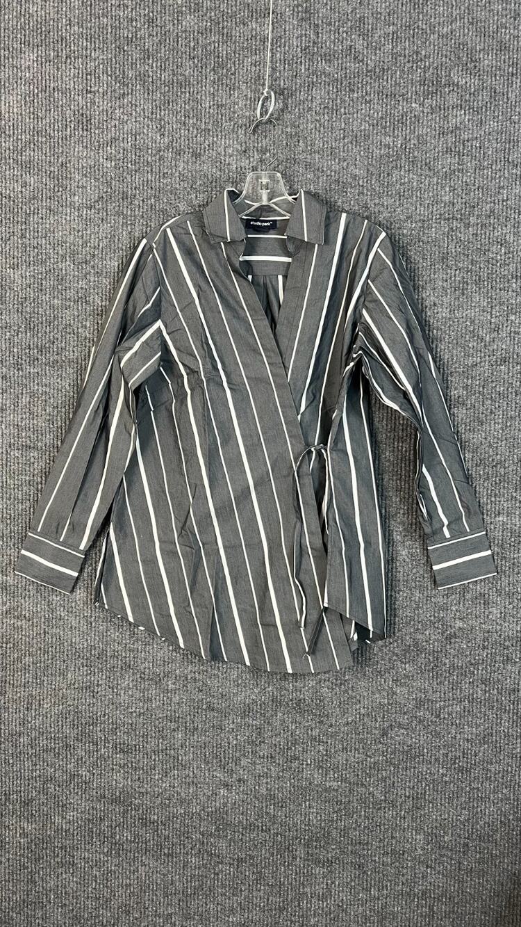 Studio Park Wrap Shirt Womens Small S Gray Striped Collared Corporate Chic